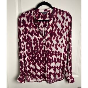 Vince Womens Silk Burgundy White Ikat‎ Print Long Sleeve Blouse Size 2 Chic Luxe